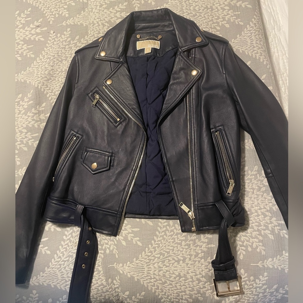 Michael Kors Navy Leather Moto Jacket